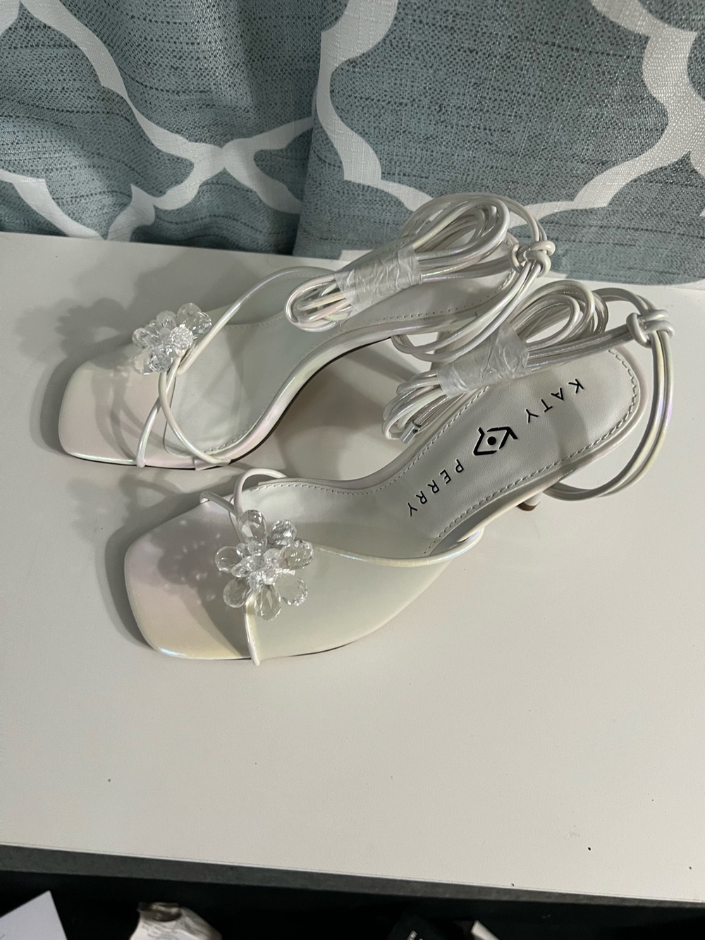 Katy Perry Collections Iridescent White Strappy Heels with Crystal Flower - Picture 3 of 4
